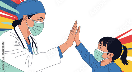 A compassionate healthcare professional wearing a mask high-fives a young child also in a mask, symbolizing hope and safety during health challenges.