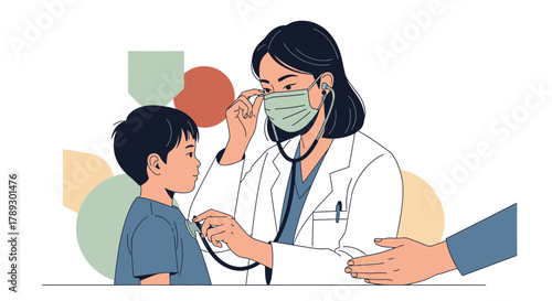 A masked pediatrician attentively listens to a young boy's chest with a stethoscope during a routine medical examination, highlighting essential child healthcare and well-being.