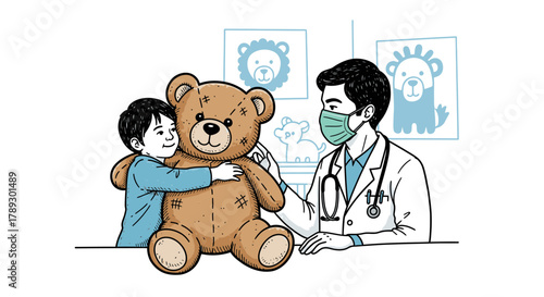 A thoughtful pediatrician, wearing a mask, gently examines a child's beloved teddy bear, providing comfort and reassurance during a routine medical visit.