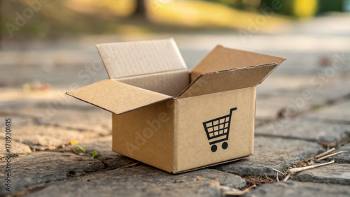 Fototapeta Naklejka Na Ścianę i Meble -  Open cardboard box with cart symbol on cobblestone path showing abandon and abandonment mood while sunlight warms scene giving quiet nostalgic feeling