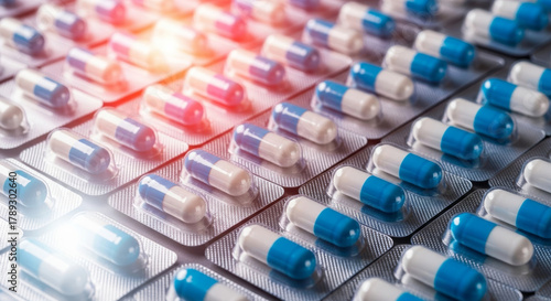 Blue white capsule pill in blister pack rows global health policy image shows medicine supply and pharmaceutical production with clinical care and public health focus