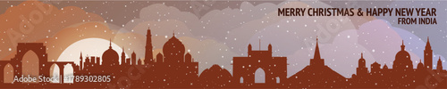 Greetings from India. Christmas, winter banner with cities panorama. Festive skylines of Delhi, Mumbai, Hyderabad, Bangalore for web design, header, social media, backdrop