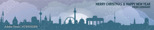 Greetings from Germany. Christmas, winter banner with cities panorama. Festive skylines of Berlin, Munich, Hamburg, Cologne, Bremen for web design, header, social media, backdrop