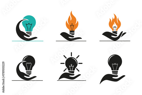Set of six hand holding light bulb icons representing ideas and innovation, symbolic Logo, Vector Art, Logo Design
