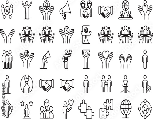 Comprehensive Collection of Modern Line Icons Representing Community Engagement, Social Responsibility, Teamwork, Collaboration, and Global Connection Concepts