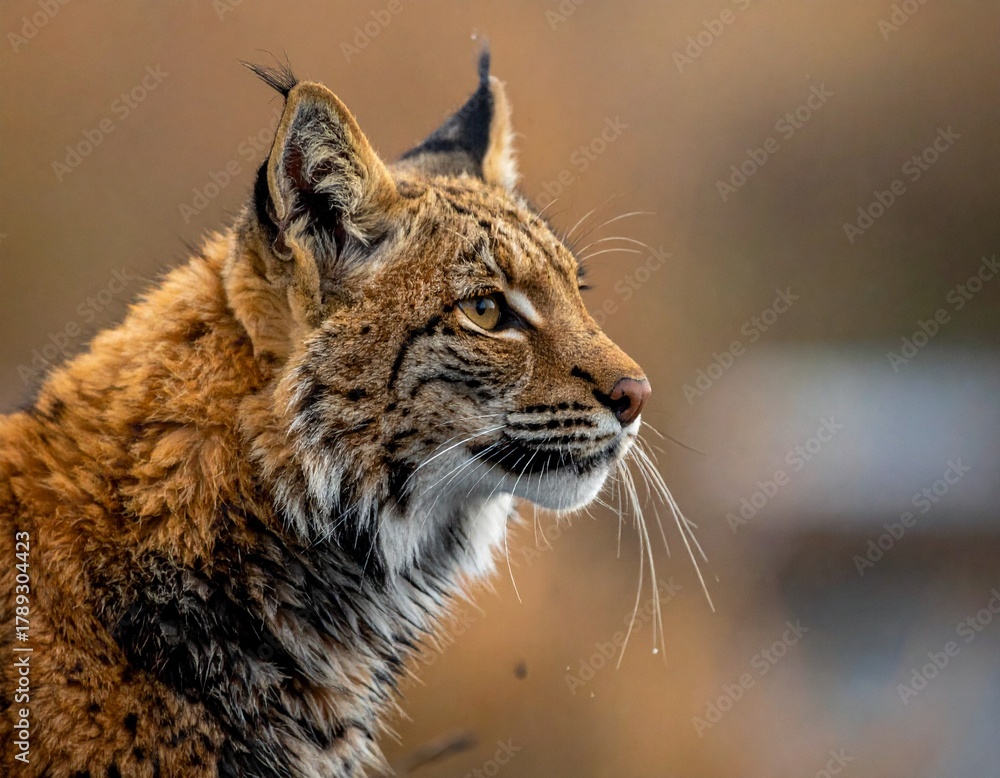 Fototapeta premium Detailed close-up profile of a wild lynx with intense focus, showcasing its distinctive ear tufts and sharp eyes in a natural outdoor setting