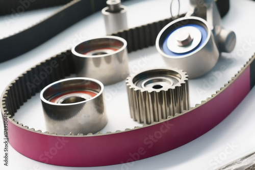 Close-up of a new car timing belt kit, including a pulley and idler roller. Automotive spare parts isolated on a white background.