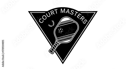 Black and white logo for Court Masters featuring a pickleball paddle inside an inverted triangle.