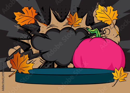 Comic Book Product podium stage for mockup presentation with Thanksgiving pumpkin and Autumn leaves. Retro comics background.