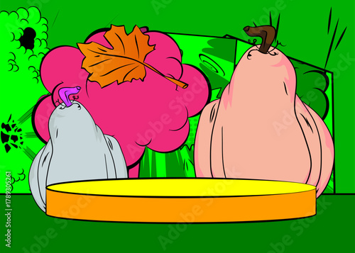 Comic Book Product podium stage for mockup presentation with Thanksgiving pumpkin and Autumn leaves. Retro comics background.