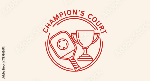 Line art logo for Champion's Court featuring a pickleball paddle, ball, and a trophy within concentric circles, symbolizing sports achievement.