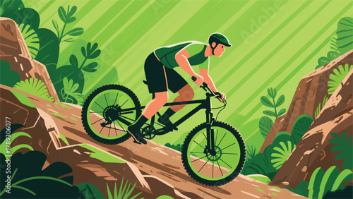 Cyclist Descending From Hill Illustrator Artwork Banner Background Design Template 