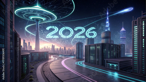 Neon-lit 2026 floats above a futuristic cityscape with glowing skyscrapers and high-speed light trails.