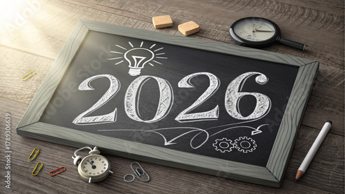 The year 2026 is written in chalk on a blackboard in a wooden frame.