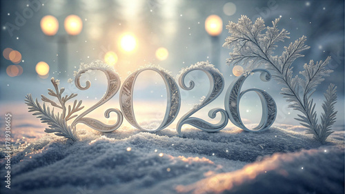 Ornate, snow-covered 2026 numbers sit on a frosty ground surrounded by ice-covered branches, illuminated by warm.