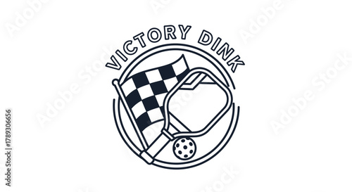 Line art logo for 'Victory Dink' featuring a pickleball paddle, ball, and checkered flag inside a circle.