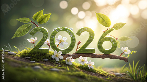 The year 2026 is formed by bright green, mossy numbers adorned with cherry blossoms and fresh leaves.