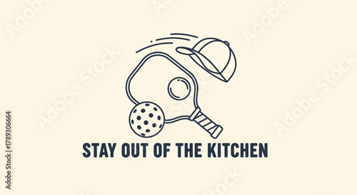 A minimalist line art illustration featuring pickleball equipment and a cap with the text "Stay Out of the Kitchen".