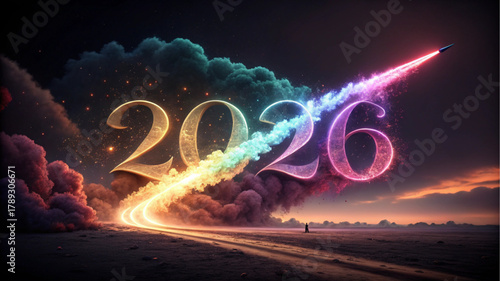 Massive 2026 numbers are engulfed in a colorful, rainbow-like cloud and illuminated by a bright trail leading to a small rocket.