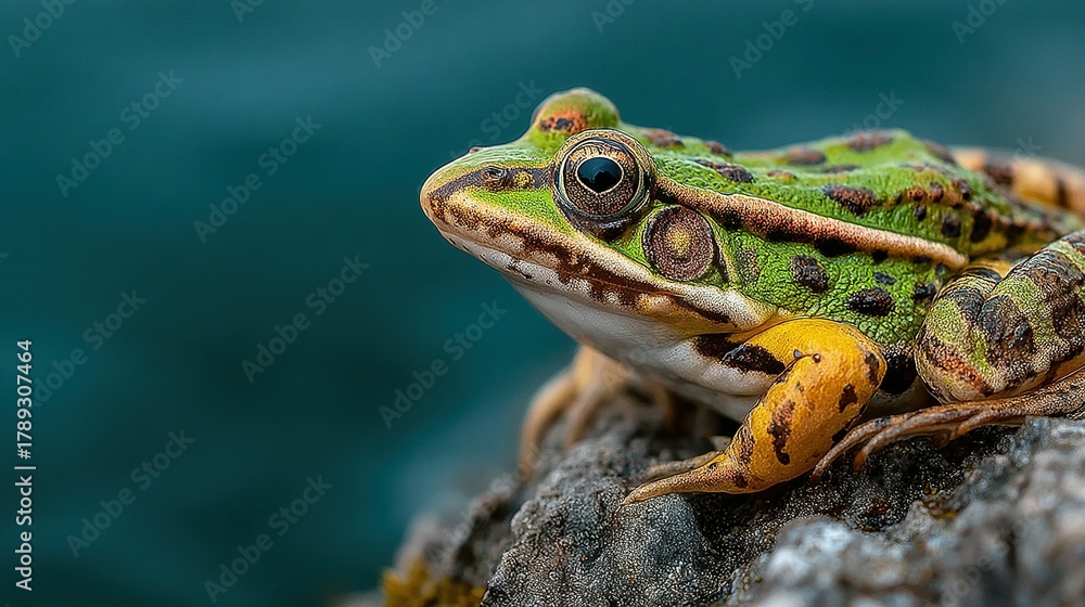 Obraz premium Green frog sits on a rock with a blurred blue background.