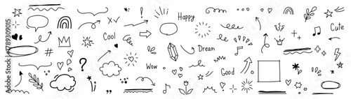 A compilation of diverse black ink brush strokes, decorative flourishes, and abstract graphic elements on a white background.