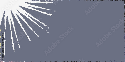 Abstract sunburst rays emanating from the corner against a muted purple background with a textured border