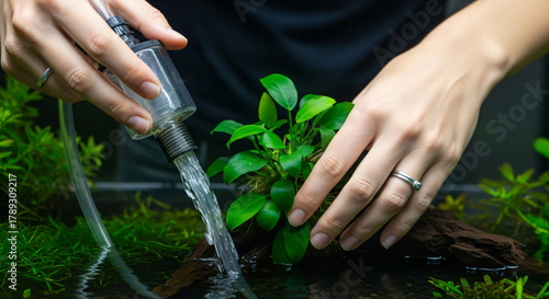 Woman using a plastic siphon hose to drain water from an aquarium with lush green aquatic plants, maintenance