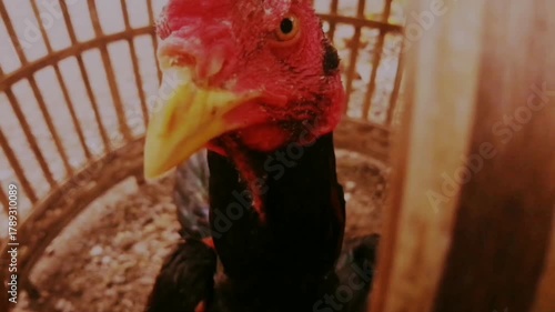 Rooster in bamboo cage, rural Asia, daytime