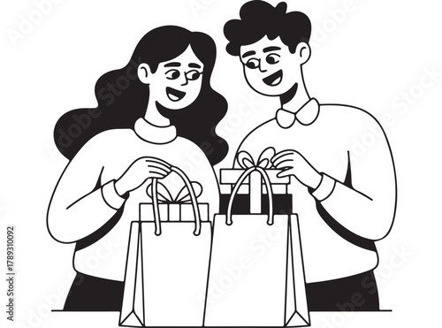 Joyful couple celebrates Christmas, unwrapping thoughtful gifts received after a successful shopping trip. A heartwarming festive scene