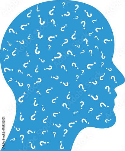 Blue human head profile silhouette illustration filled with white question marks symbolizing confusion curiosity doubt decision making brainstorming mental health and psychological abstract concept