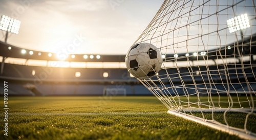 Soccer ball hitting goal net under bright stadium lights, a concept for victory and championship success. Horizontal advertising background. Copy space.
