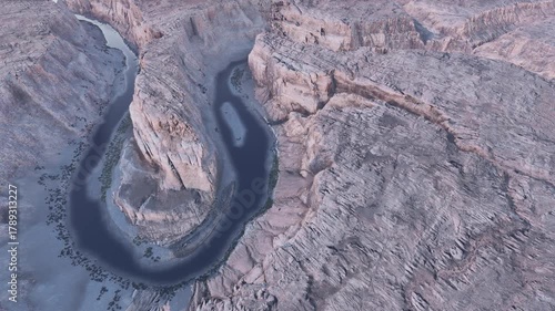Top aerial drone shot of Horseshoe Bend in Glen Canyon National Recreation Area. Arizona. United States