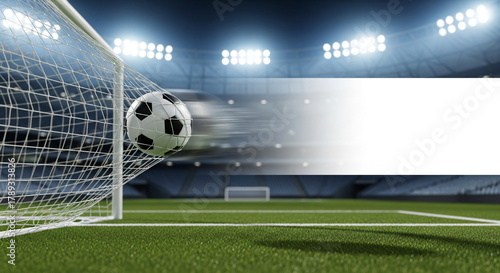 Soccer ball hitting goal net under bright stadium lights, a concept for victory and championship success. Horizontal advertising background. Copy space.