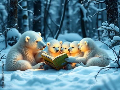 Polar bear mom reads to her woodland cubs in a snowy forest setting ,  squirrel,  forest
