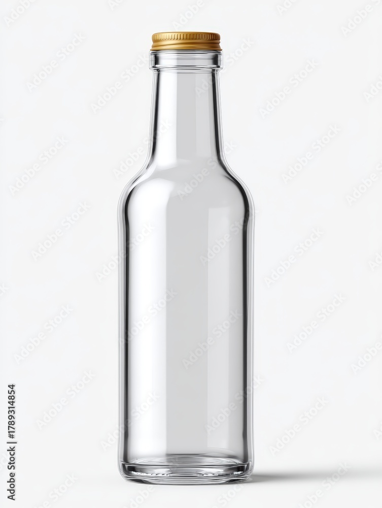 Fototapeta premium Food packaging mockup featuring glass bottle placed on a minimal white surface background, natural daylight, rustic and minimal aesthetic, photorealistic, high detail, soft shadows, focus on clean