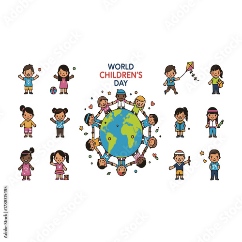 World Children's Day: Cartoon Kids United Around the Globe, Enjoying Playtime, Learning, and Friendship, Celebrating Universal Child Rights and Peace