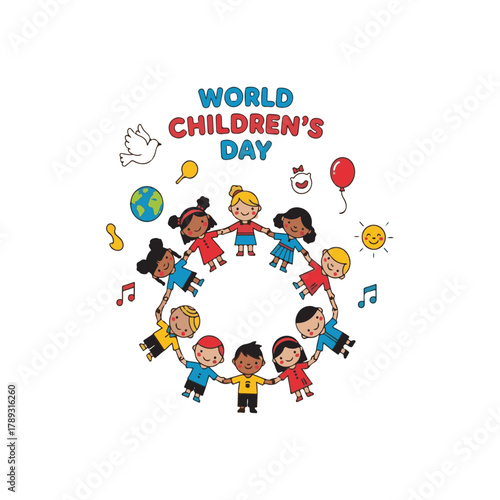 World Children's Day Global Unity: Diverse Kids Holding Hands in a Circle Below the Earth, Celebrating Peace, Love, and Universal Child Rights with Balloons