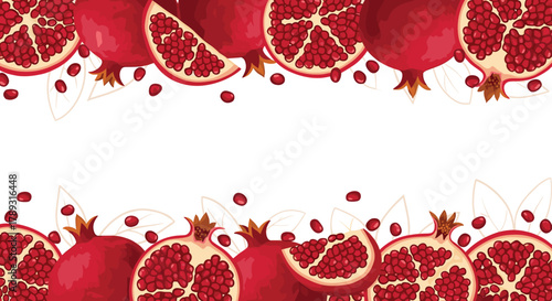 Hand-drawn style illustration of ripe pomegranates, cut open to reveal juicy arils, arranged as a beautiful top and bottom border.