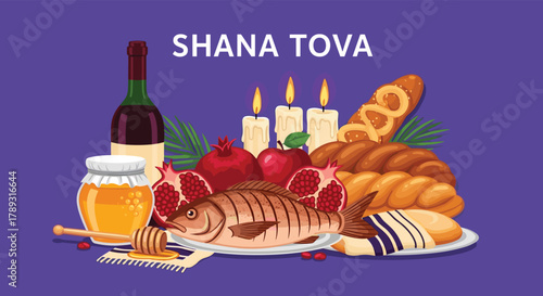 Traditional Rosh Hashanah items: honey, pomegranates, challah, fish, and candles on a purple background with 'Shana Tova' text.