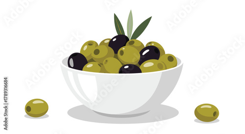 A white bowl brimming with an assortment of fresh green and black olives, garnished with olive leaves on a white background.