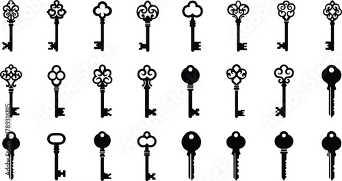Antique and modern key collection vector illustration, vintage ornate keys and minimalist designs for security, lock, access, and decoration