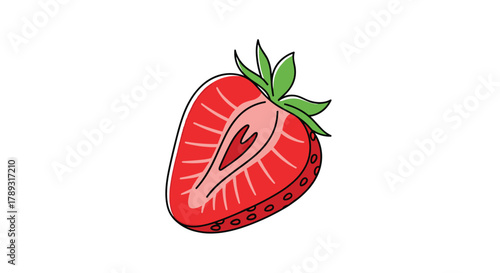 Vibrant, hand-drawn illustration of a fresh red strawberry cut in half, revealing its juicy interior and green stem, on a clean white background.