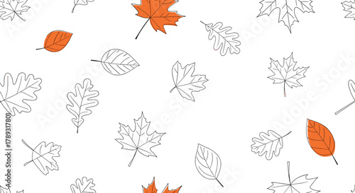 Minimalist autumn leaves pattern featuring dashed outlines and vibrant orange accents on a clean white backdrop.