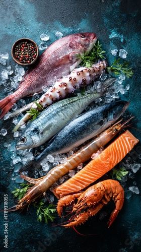 Top view of seafood assortment--fish, shrimp, squid, and crab--arranged neatly on ice, isolated on dark background, studio lighting, 8k