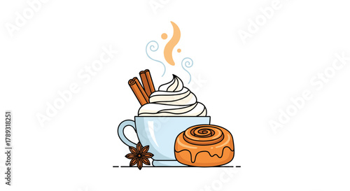 A cozy winter treat featuring a hot drink with whipped cream and cinnamon sticks, served alongside a sweet cinnamon roll and star anise.