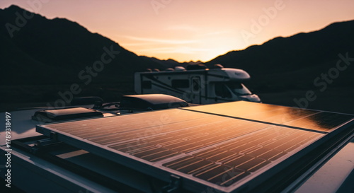 A close up of a solar panel camping with a blurred camping trailer in forest background, clean energy for outdoor adventure footage