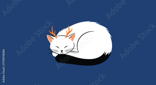Peaceful illustration of a white cat, adorned with small deer antlers, curled up asleep on a solid dark blue background, evoking tranquility and fantasy.