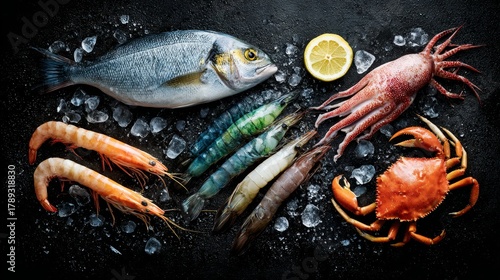 Top view of seafood assortment--fish, shrimp, squid, and crab--arranged neatly on ice, isolated on dark background, studio lighting, 8k