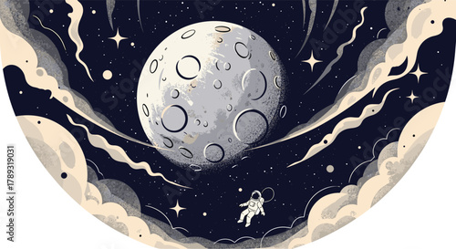 A lone astronaut drifts in deep space beside a massive, cratered moon, surrounded by twinkling stars and soft cosmic clouds in a dreamy illustration.