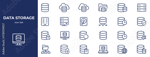 Data Storage Line Icons Pack – Modern Outline Icons for Cloud, Server, Database, and Backup Systems